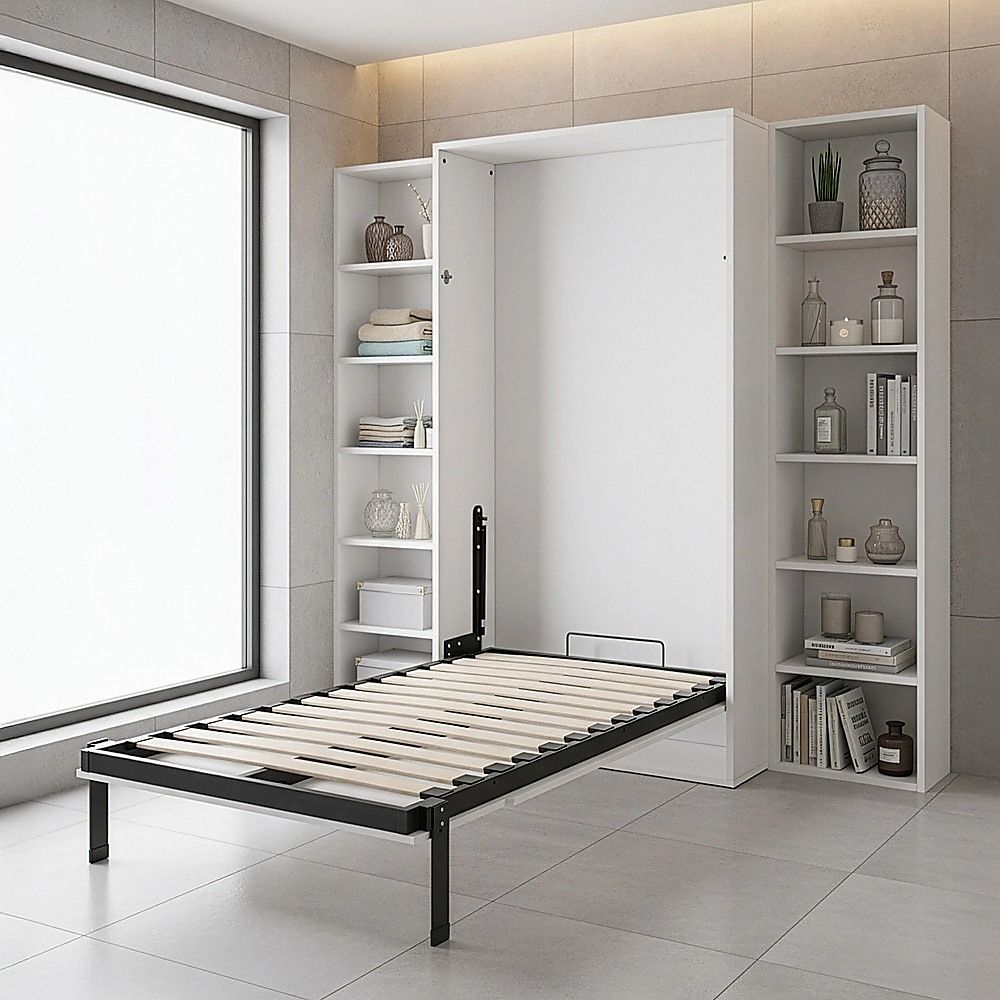 Single Wall Bed in White – Space Saving Murphy Bed Kit with Black Door Handle