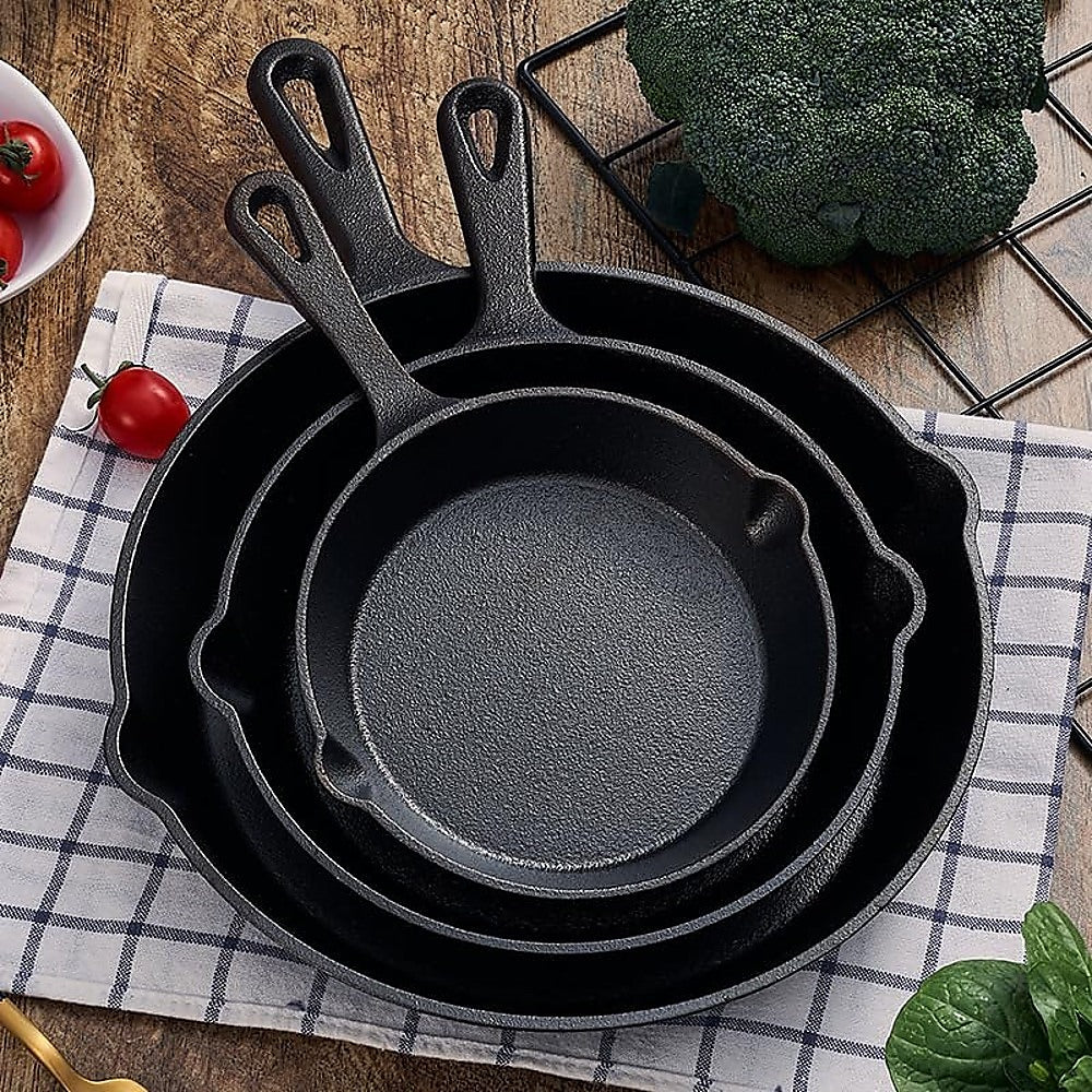 Chef Cast Iron Frying Pan Set – 3PCS Skillet, Grill & Oven Cookware for Home Cooking