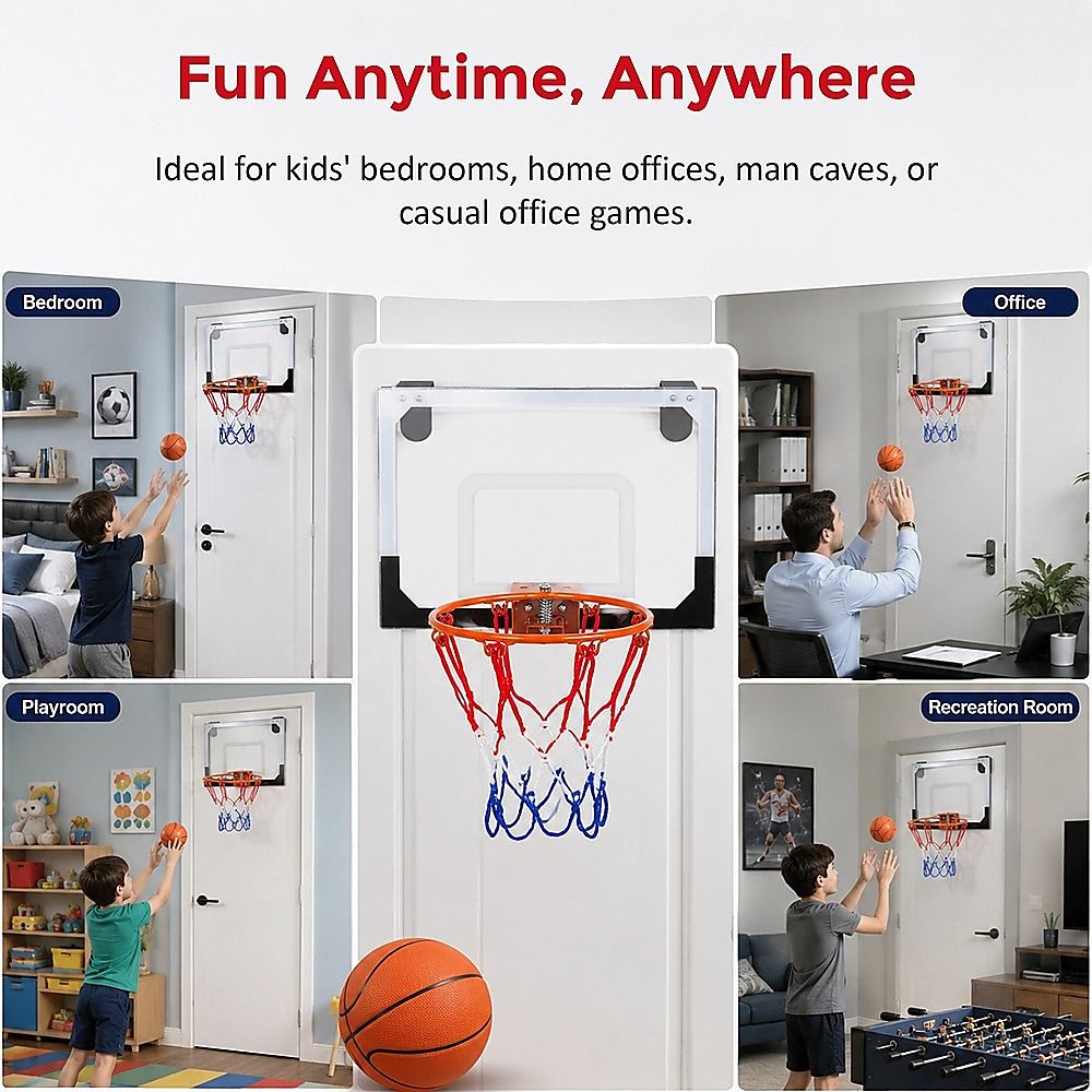 Indoor Mini Basketball Hoop Set – Door Mounted Backboard Kit with Ring & Ball