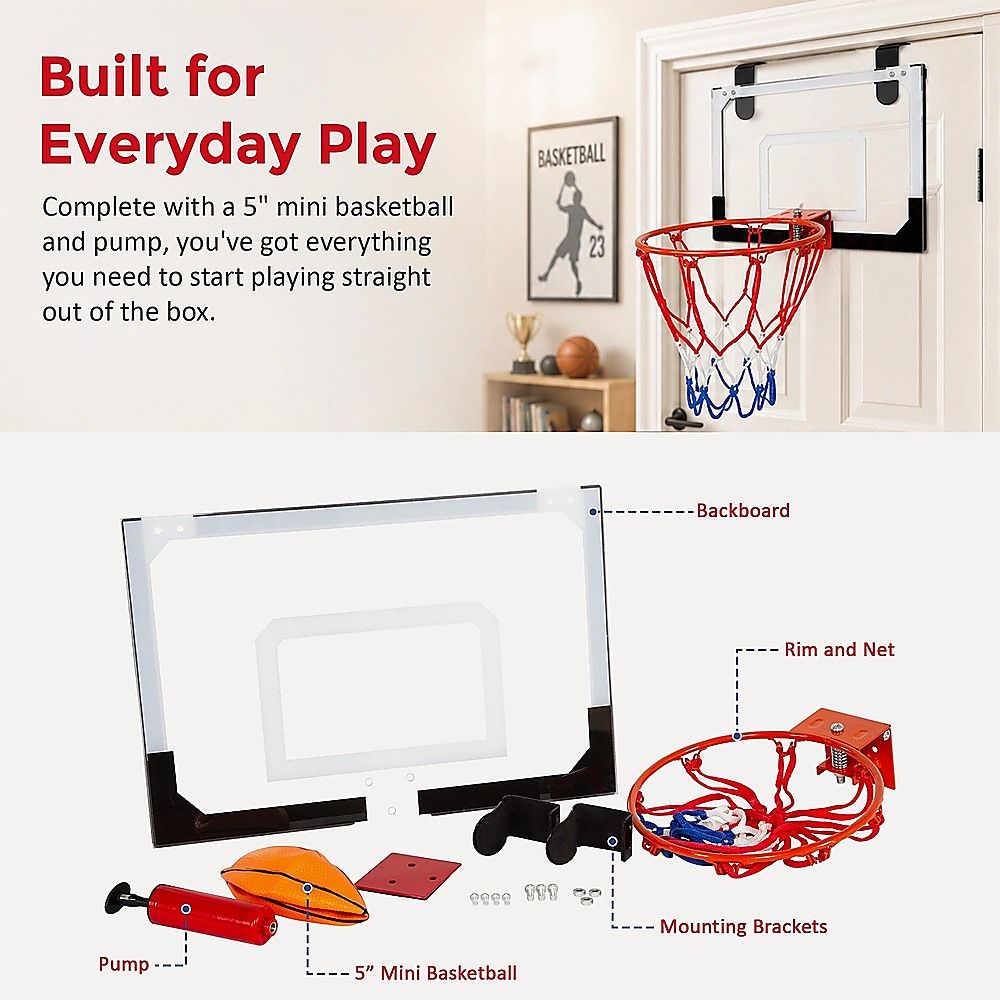 Indoor Mini Basketball Hoop Set – Door Mounted Backboard Kit with Ring & Ball