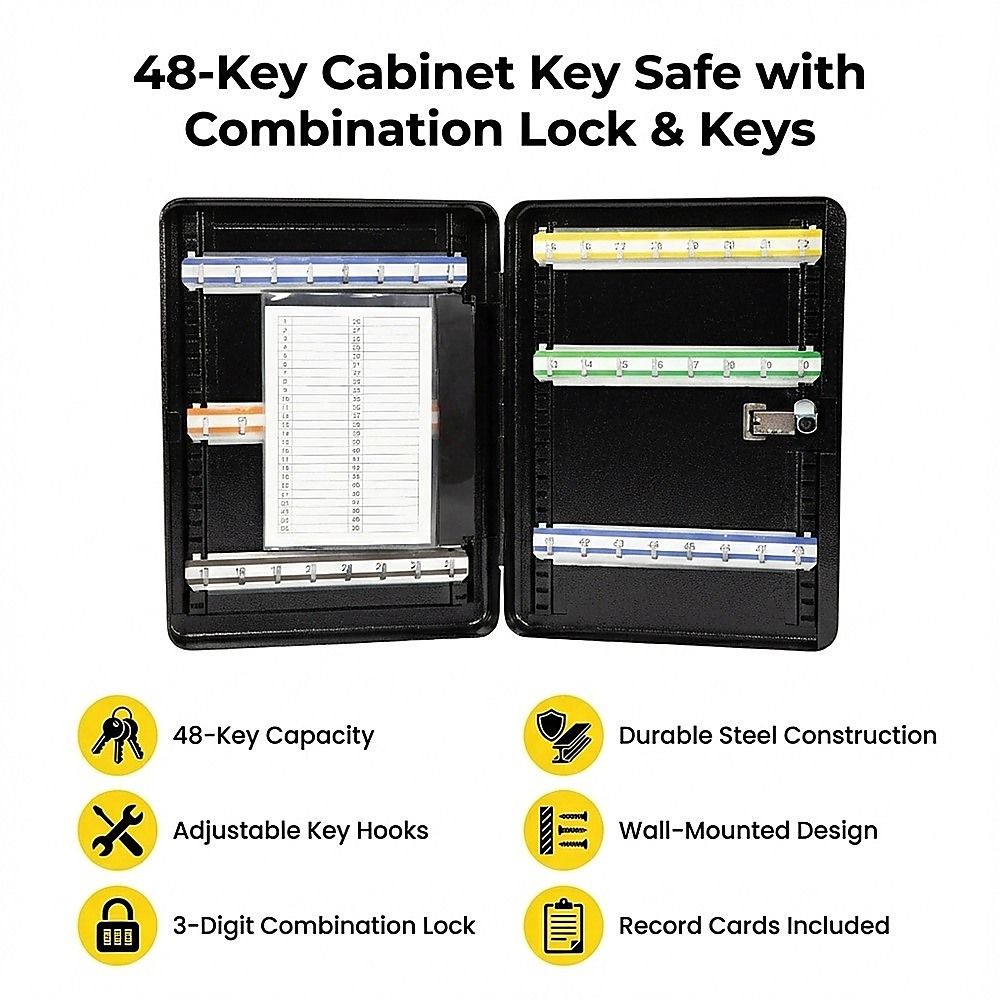 48-Key Cabinet Key Safe with Combination Lock & Keys – Wall Mounted Storage