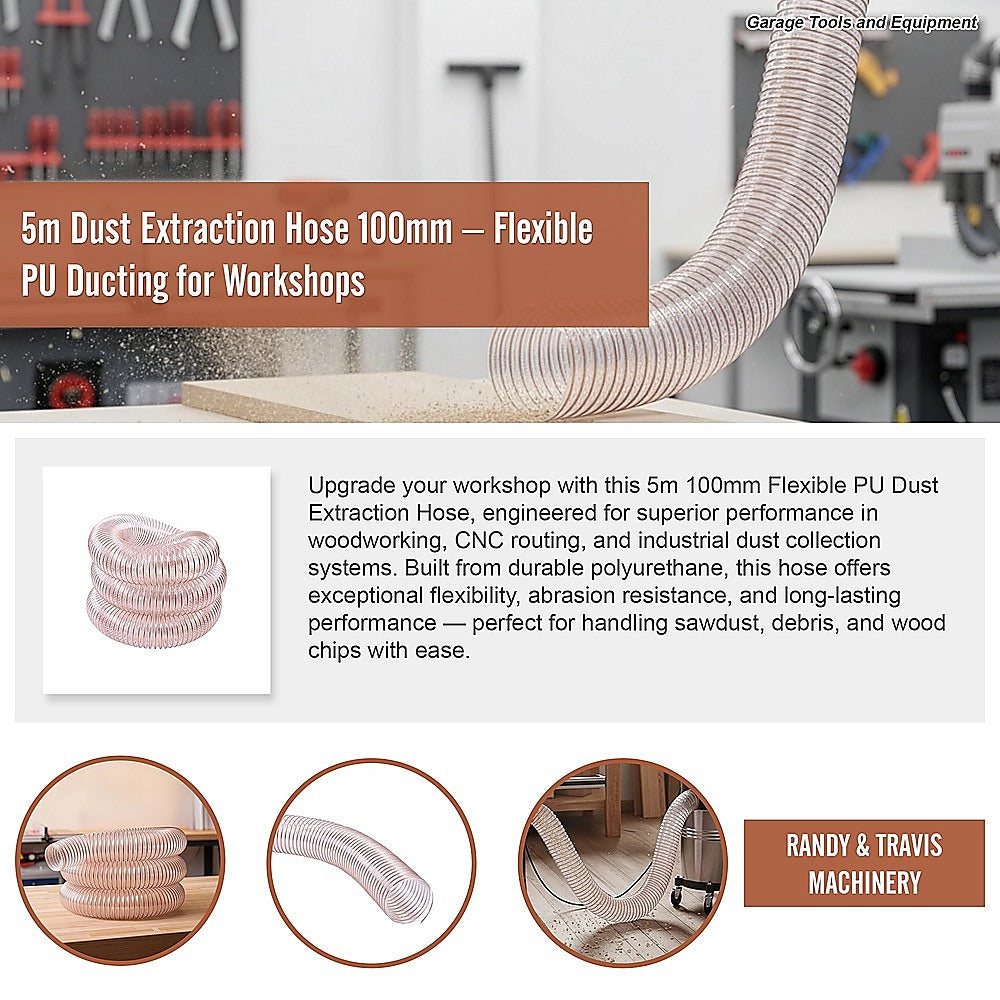 5m Dust Extraction Hose 100mm – Flexible PU Ducting for Workshops