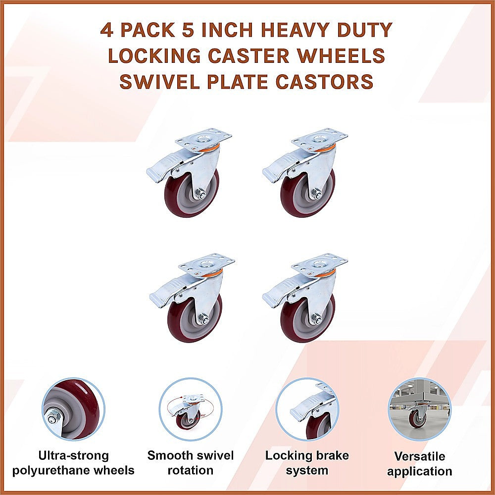 4 Pack 5 Inch Heavy Duty Locking Caster Wheels Swivel Plate Castors