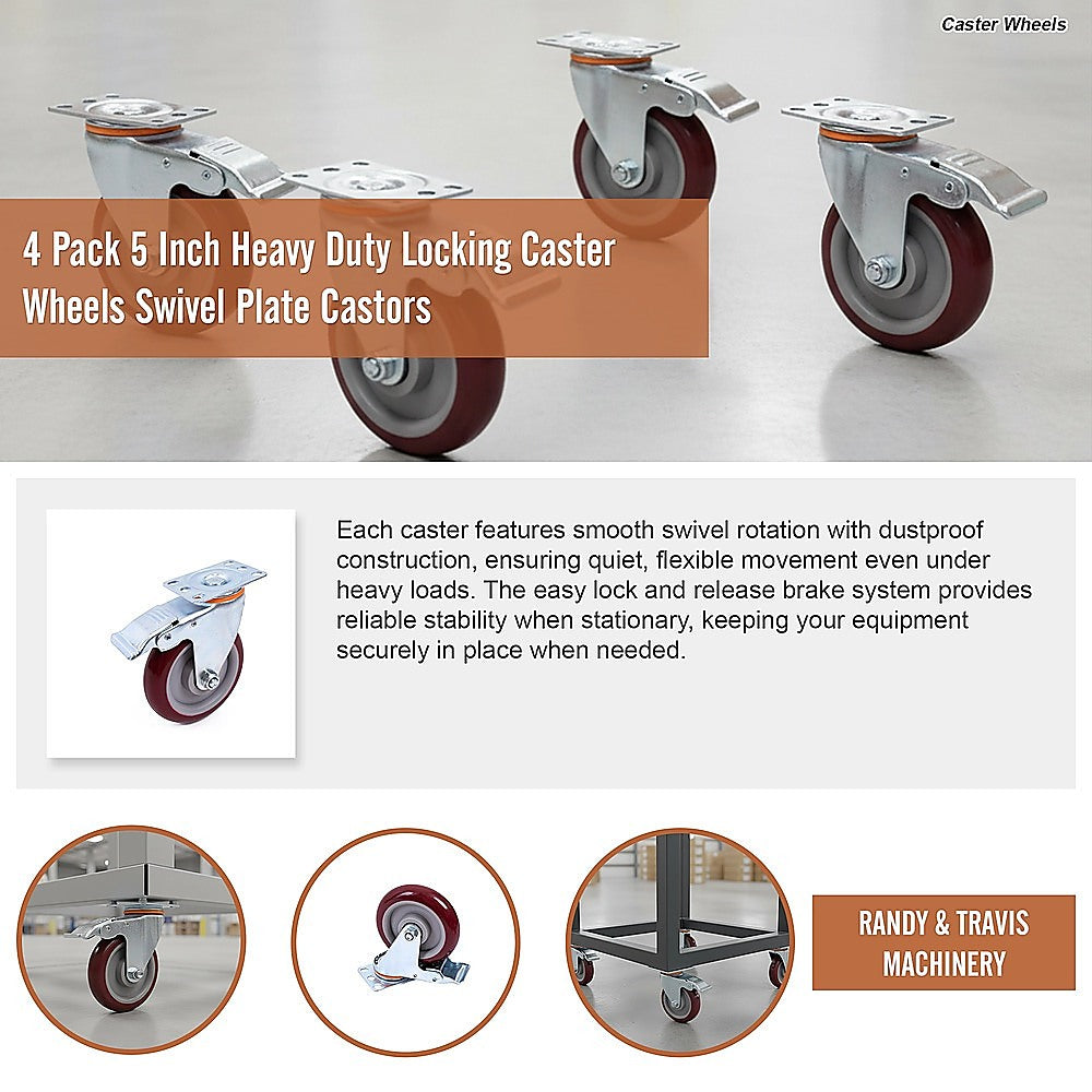 4 Pack 5 Inch Heavy Duty Locking Caster Wheels Swivel Plate Castors