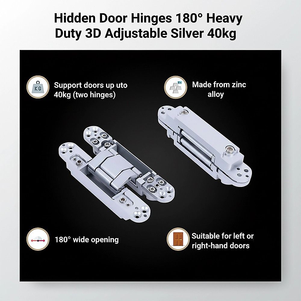 Hidden Door Hinges 180° Heavy Duty 3D Adjustable Silver 40kg