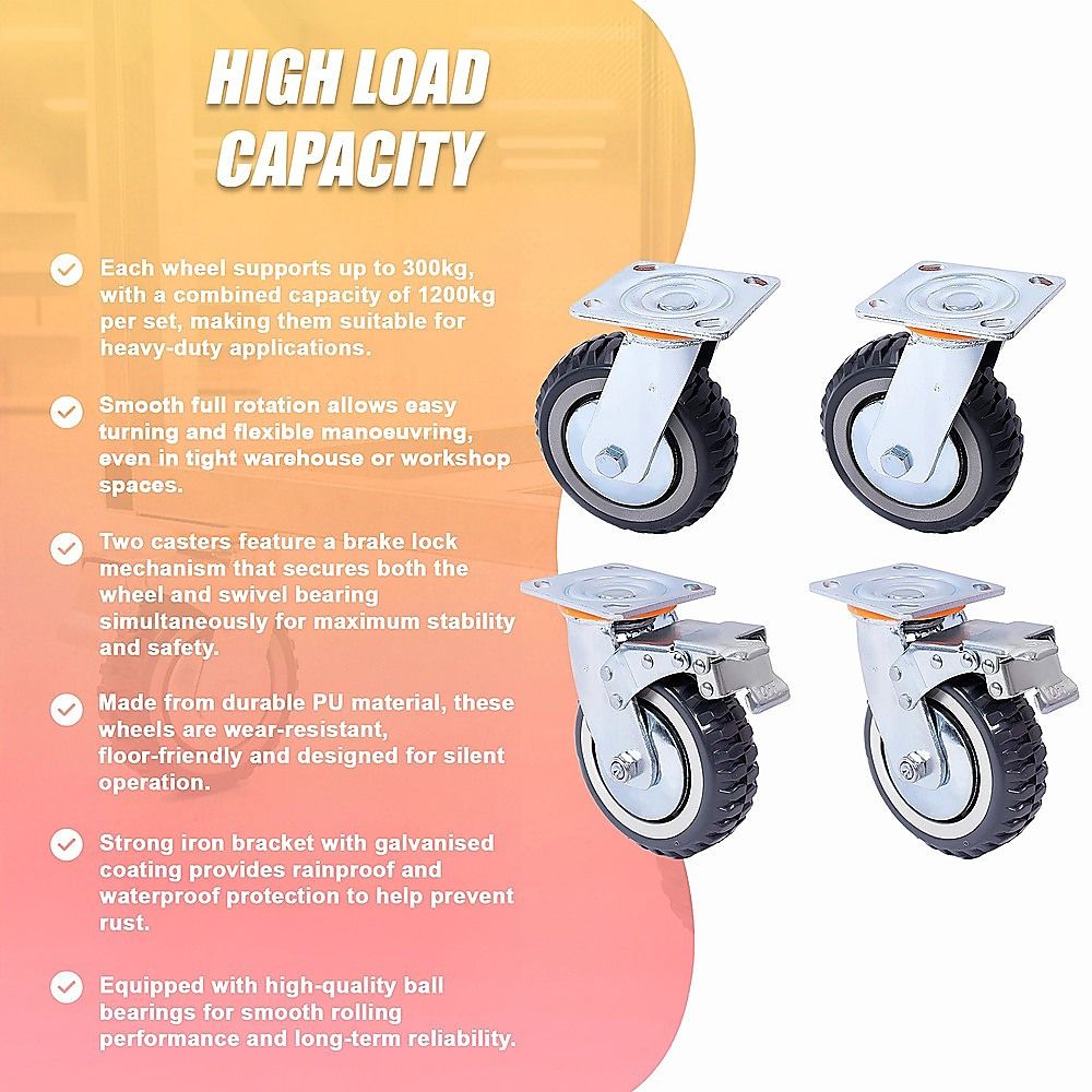 Heavy Duty Plate Caster Wheels Set 4 1200kg Swivel