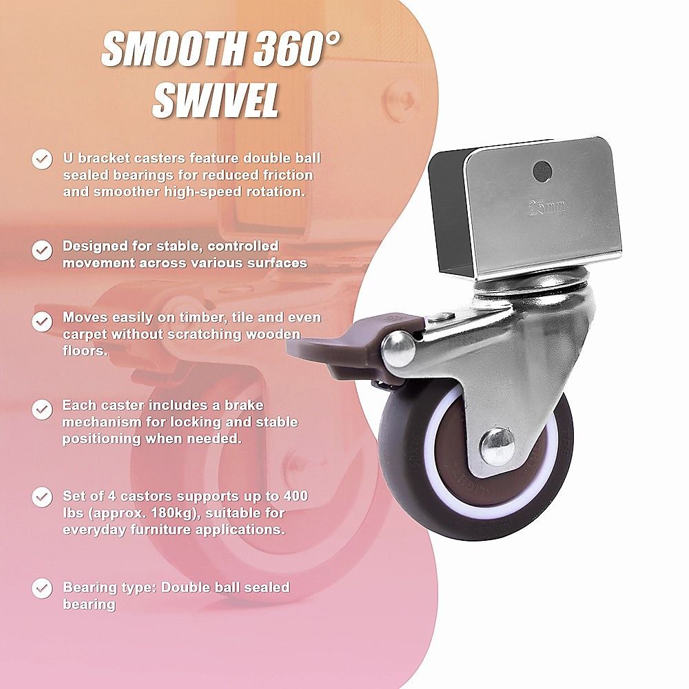 2 Inch U-Shaped TPE Swivel Castor Wheels Set 4 Brake