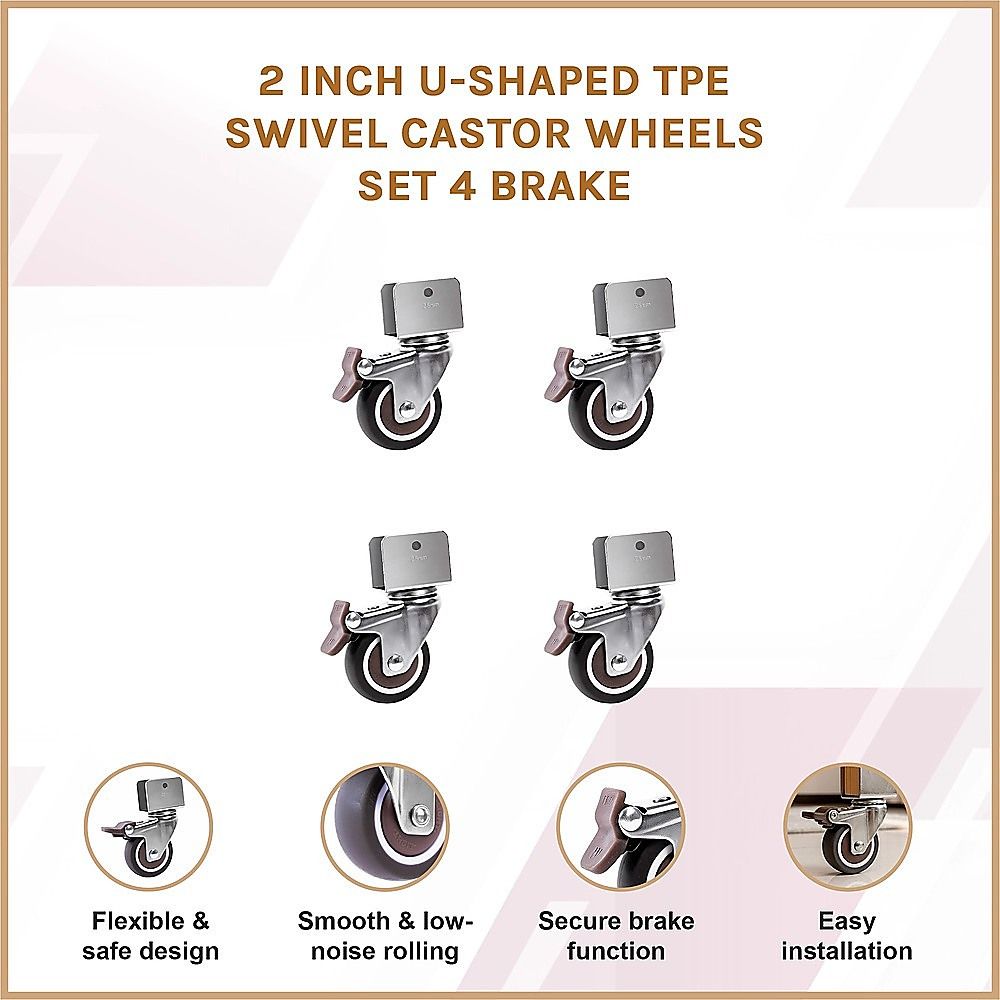 2 Inch U-Shaped TPE Swivel Castor Wheels Set 4 Brake