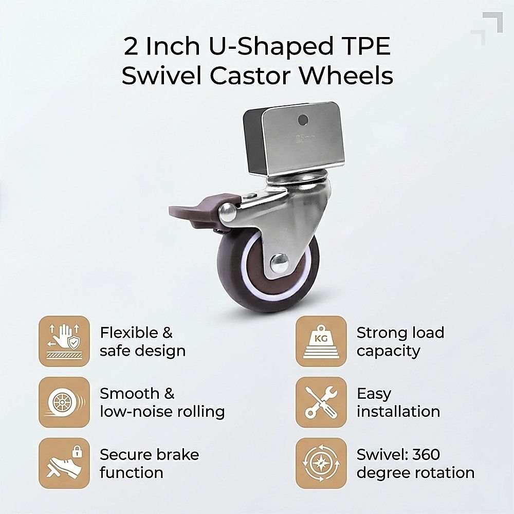 2 Inch U-Shaped TPE Swivel Castor Wheels Set 4 Brake