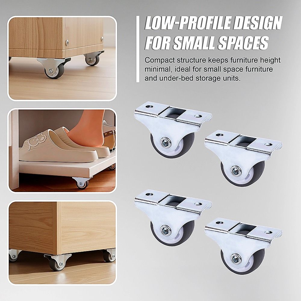 Mini Fixed Caster Wheels Rubber Low Profile Set 4