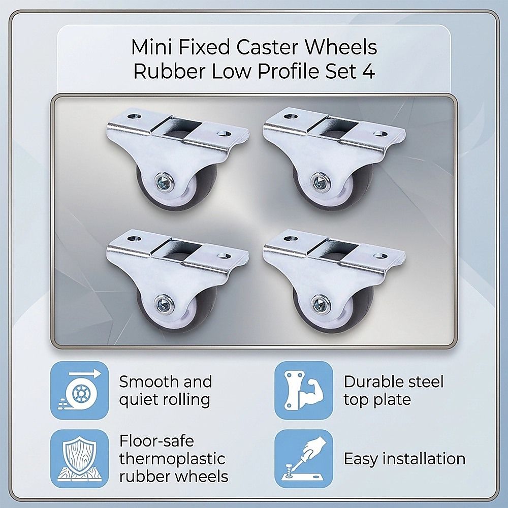 Mini Fixed Caster Wheels Rubber Low Profile Set 4