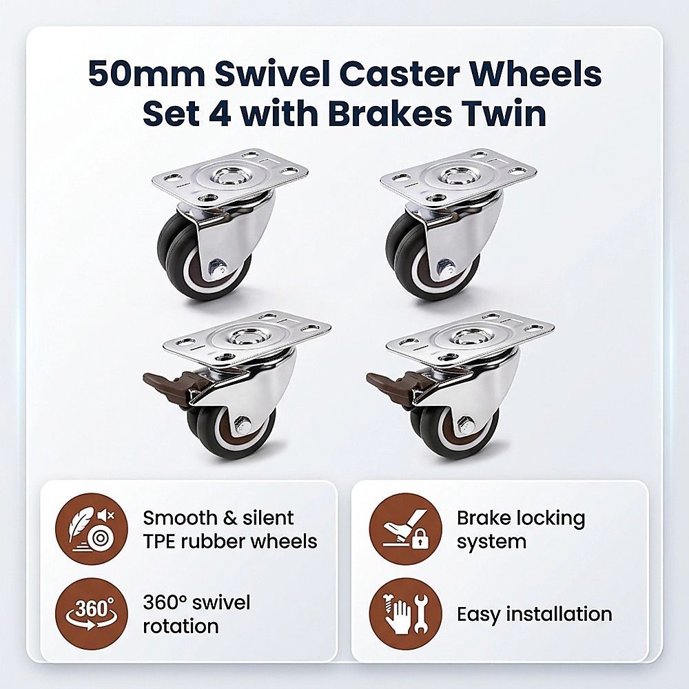 50mm Swivel Caster Wheels Set 4 with Brakes Twin