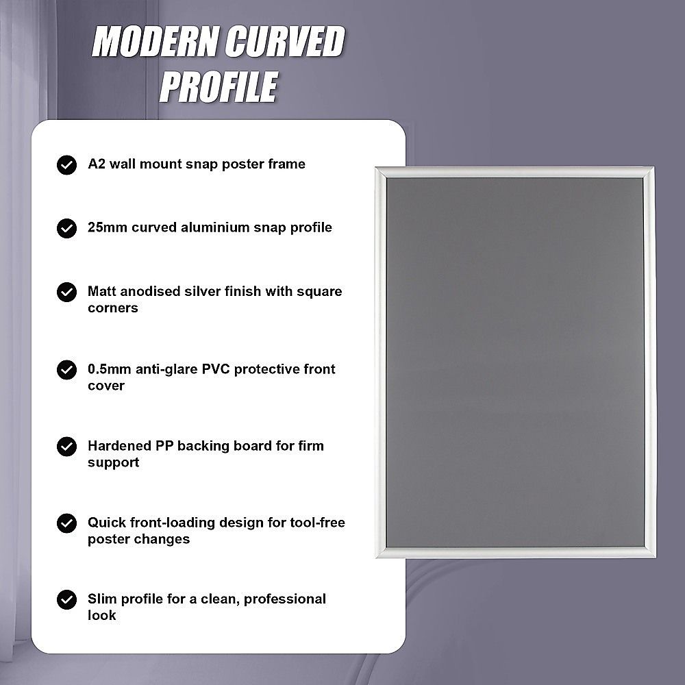 A2 2pc Aluminium Snap Poster Frame Wall Mount Sign Holder Silver
