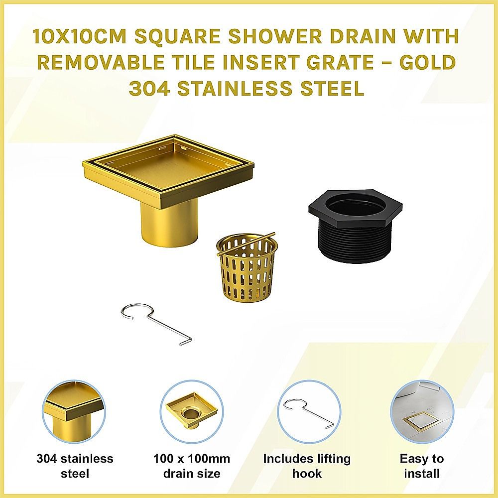 10x10cm Square Shower Drain with Removable Tile Insert Grate – Brushed Gold 304SS, CUPC Certified for Modern Bathrooms