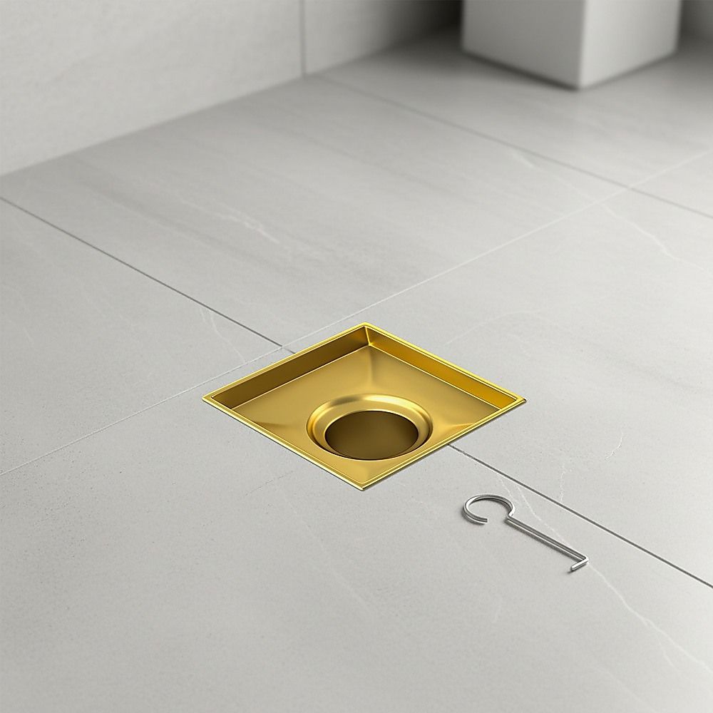 10x10cm Square Shower Drain with Removable Tile Insert Grate – Brushed Gold 304SS, CUPC Certified for Modern Bathrooms