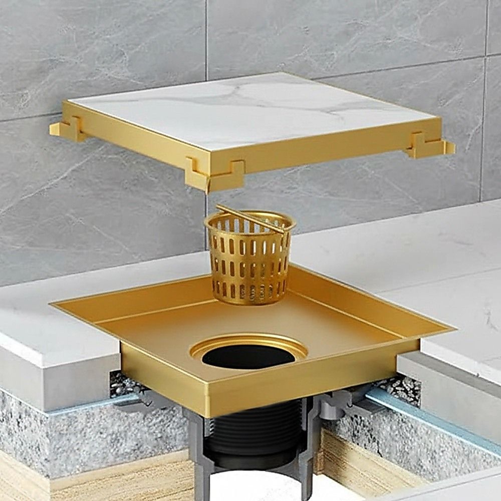 10x10cm Square Shower Drain with Removable Tile Insert Grate – Brushed Gold 304SS, CUPC Certified for Modern Bathrooms