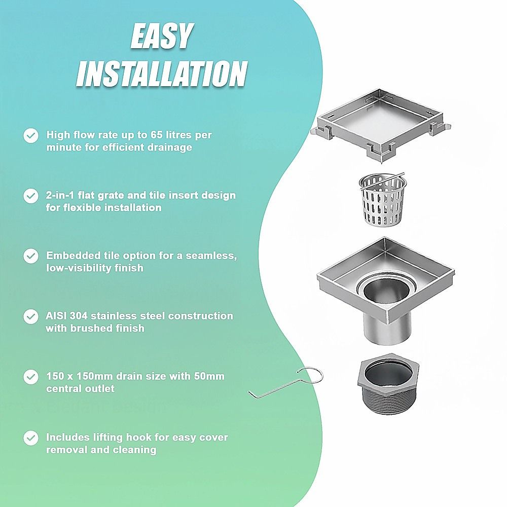 15x15cm Square Shower Drain with Removable Tile Insert Grate – Stainless steel 304SS, CUPC Certified for Modern Bathrooms