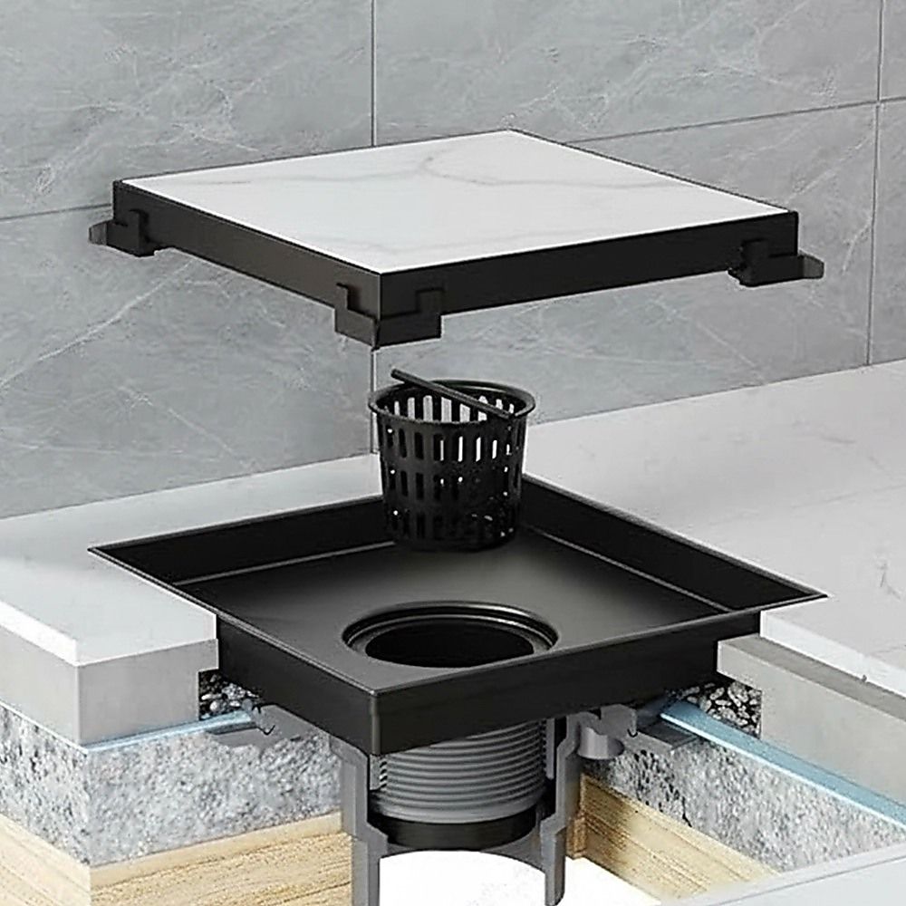 15x15cm Square Shower Drain with Removable Tile Insert Grate – Matte Black 304SS, CUPC Certified for Modern Bathrooms