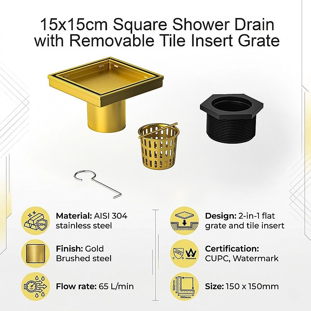 15x15cm Square Shower Drain with Removable Tile Insert Grate – Brushed Gold 304SS, CUPC Certified for Modern Bathrooms