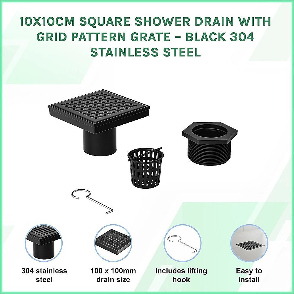 10x10cm Square Shower Drain with Grid Pattern Grate – Matte Black 304SS, CUPC Certified with Hair Strainer