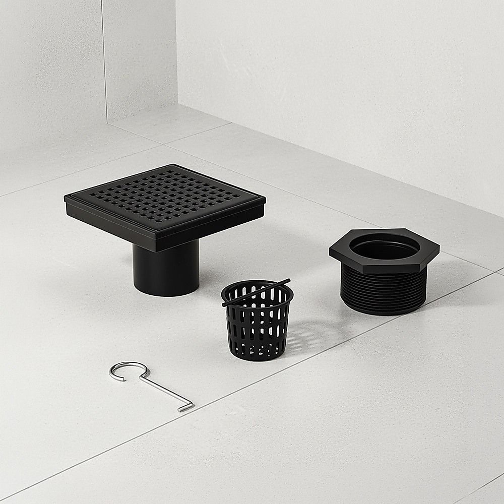10x10cm Square Shower Drain with Grid Pattern Grate – Matte Black 304SS, CUPC Certified with Hair Strainer