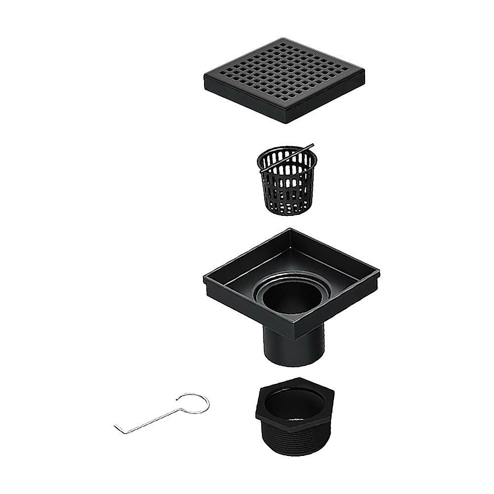 10x10cm Square Shower Drain with Grid Pattern Grate – Matte Black 304SS, CUPC Certified with Hair Strainer