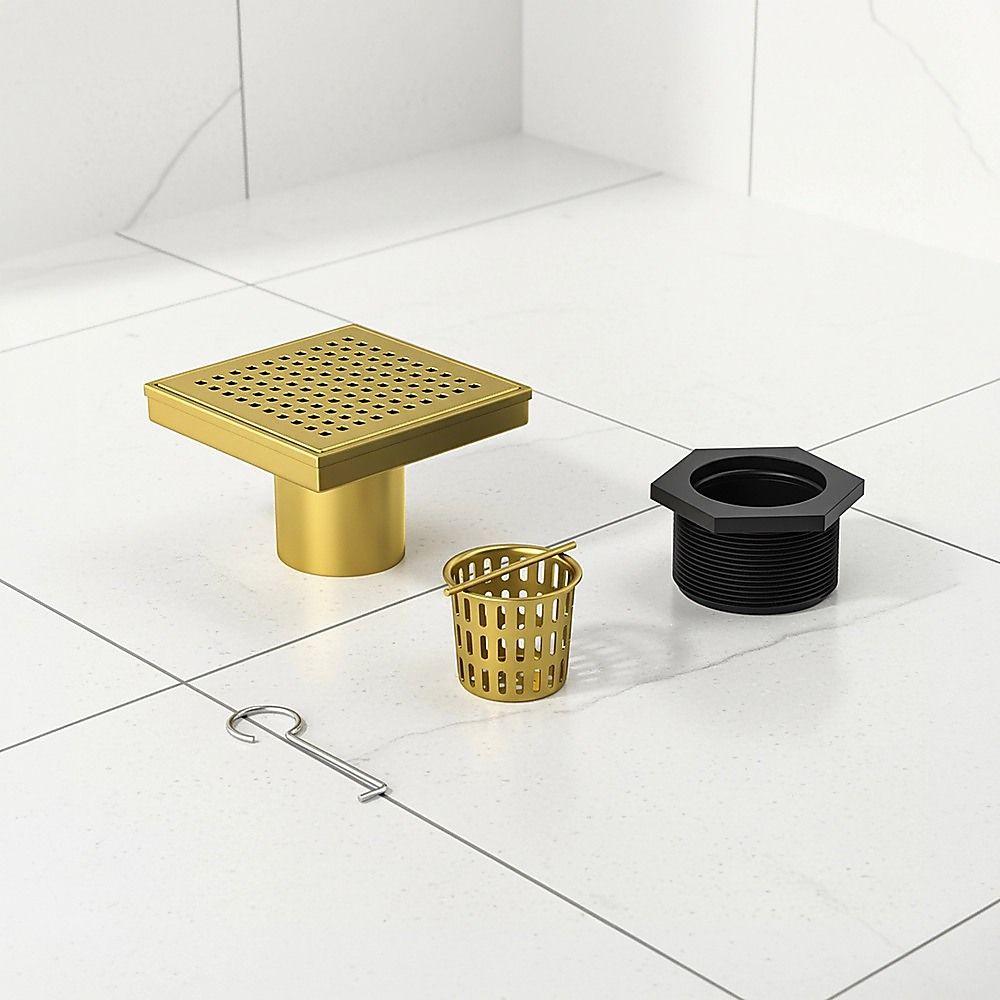 10x10cm Square Shower Drain with Grid Pattern Grate – Brushed Gold 304SS, CUPC Certified with Hair Strainer