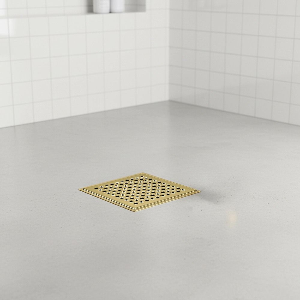 10x10cm Square Shower Drain with Grid Pattern Grate – Brushed Gold 304SS, CUPC Certified with Hair Strainer