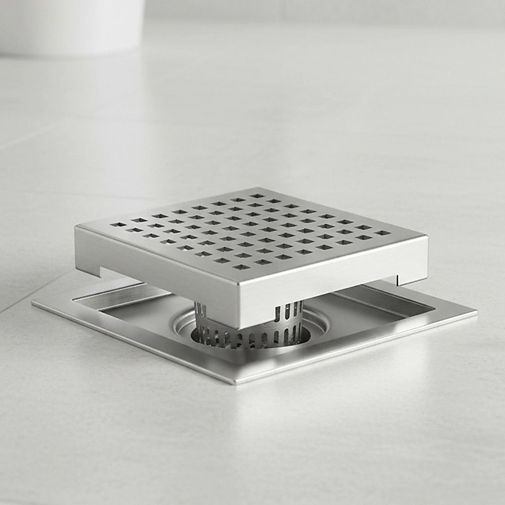 15x15cm Square Shower Drain with Grid Pattern Grate – 304 SS, CUPC Certified with Hair Strainer
