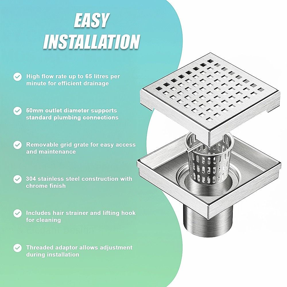 15x15cm Square Shower Drain with Grid Pattern Grate – 304 SS, CUPC Certified with Hair Strainer