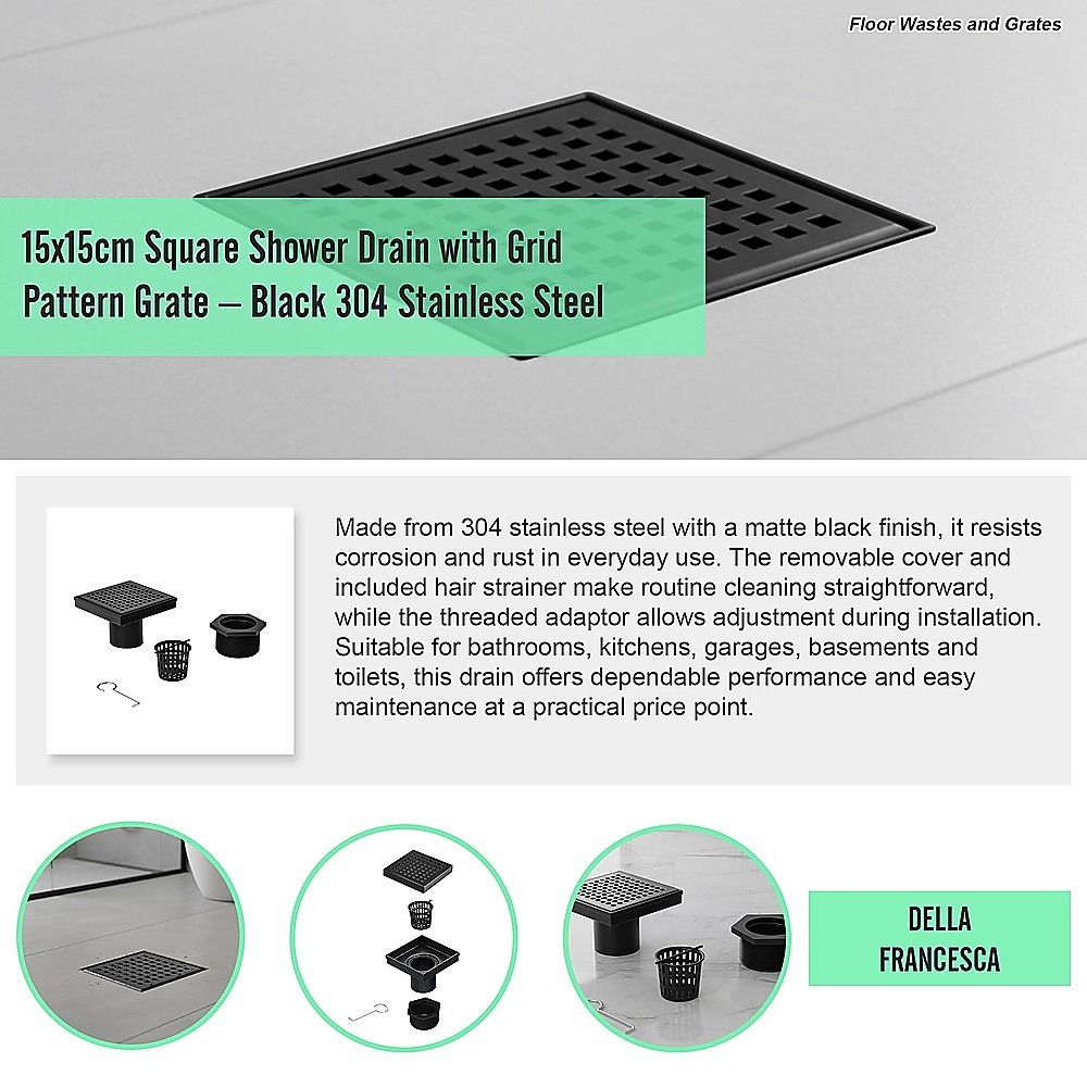 15x15cm Square Shower Drain with Grid Pattern Grate – Matte Black 304SS, CUPC Certified with Hair Strainer