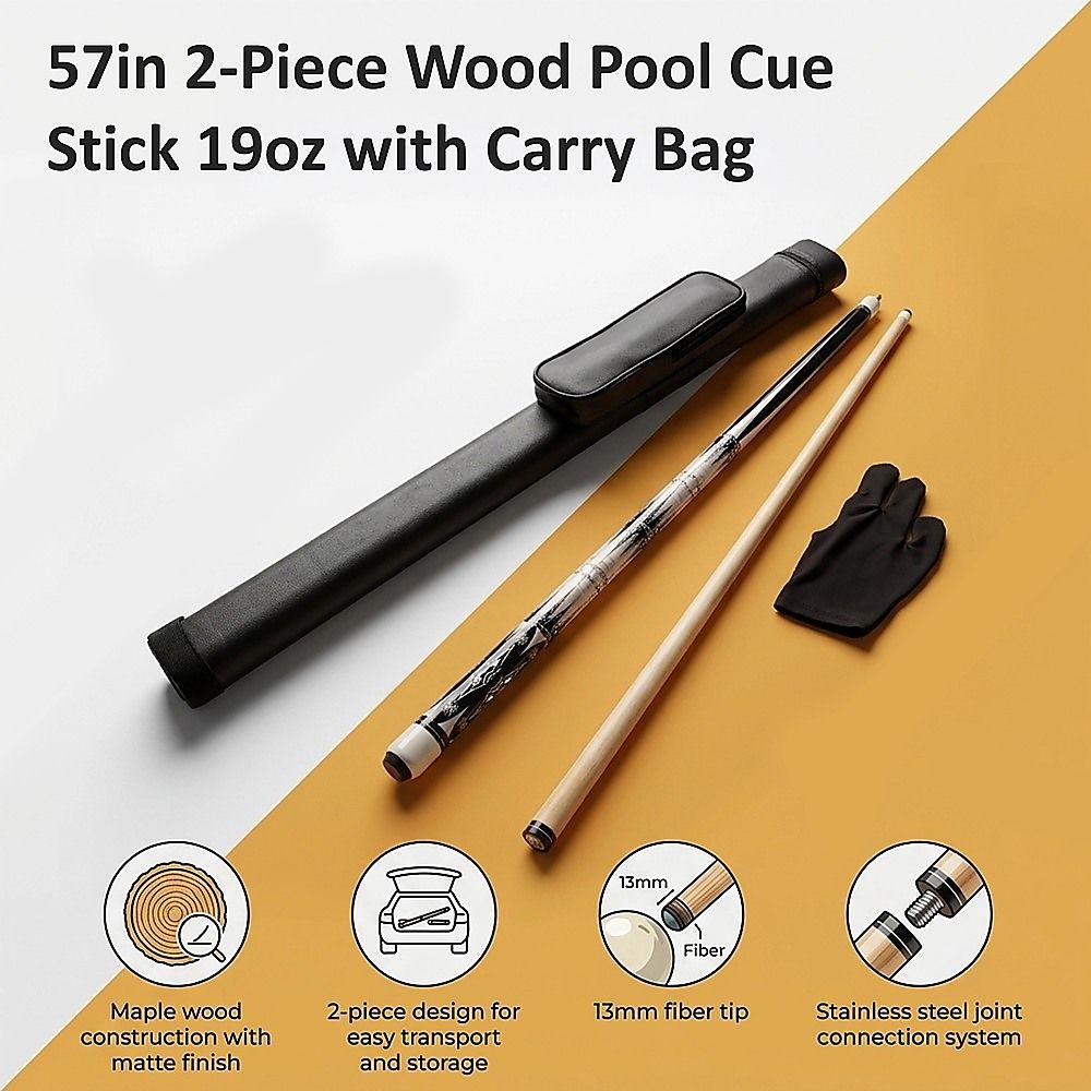 57" 2-Piece Maple Wood Billiard Pool Cue Sticks 19oz with Free Carry Bag for Smooth Control and Accuracy
