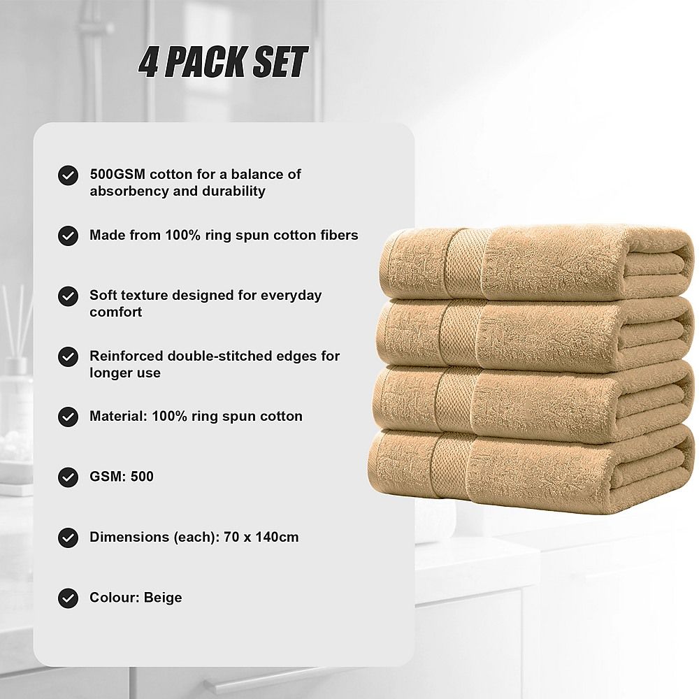 Bath Towels 500 GSM Beige Luxury Cotton Hotel Towel 4 Pack Super Absorbent Soft Drying Comfort