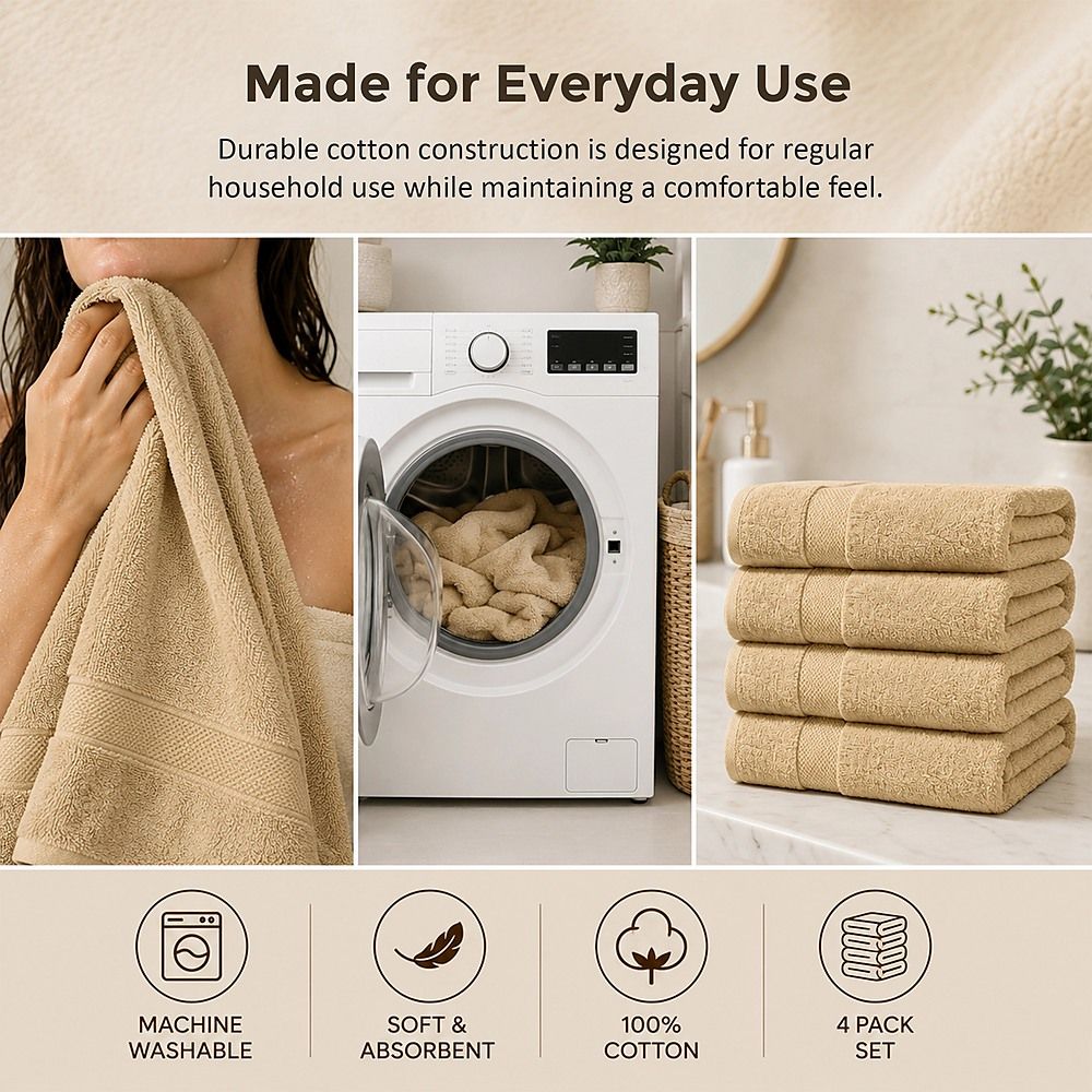 Bath Towels 500 GSM Beige Luxury Cotton Hotel Towel 4 Pack Super Absorbent Soft Drying Comfort