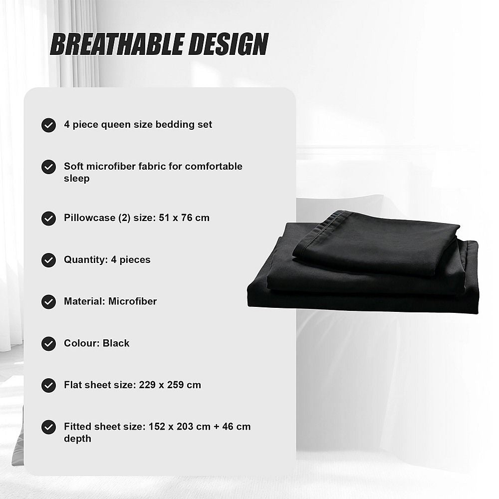 Microfiber Sheet Set 4 Piece Queen Black Deep Pocket Bed Sheets Soft Breathable Easy Care Bedding