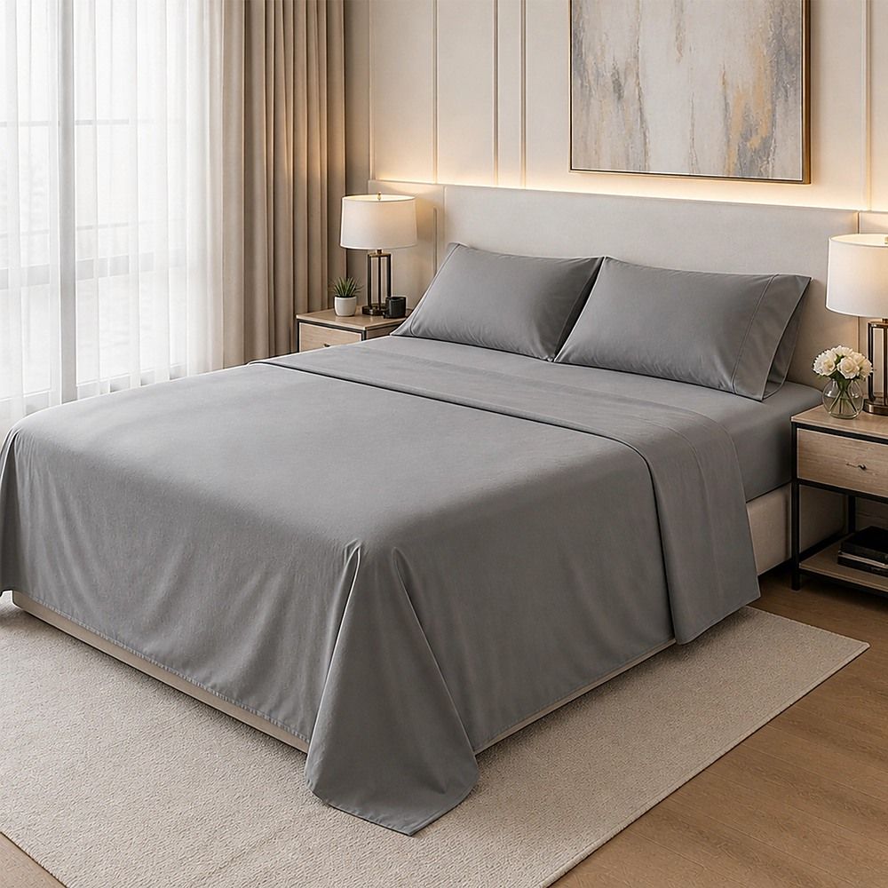 Microfiber Sheet Set 4 Piece Queen Light Grey Deep Pocket Bed Sheets Soft Breathable Easy Care Bedding