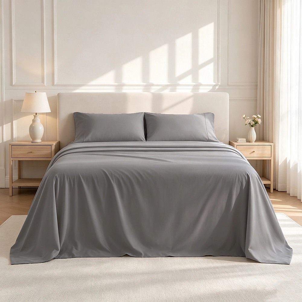 Microfiber Sheet Set 4 Piece Queen Light Grey Deep Pocket Bed Sheets Soft Breathable Easy Care Bedding