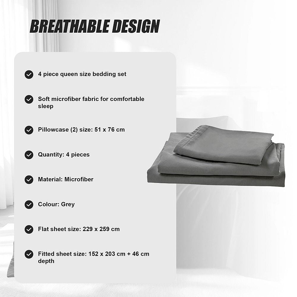 Microfiber Sheet Set 4 Piece Queen Light Grey Deep Pocket Bed Sheets Soft Breathable Easy Care Bedding