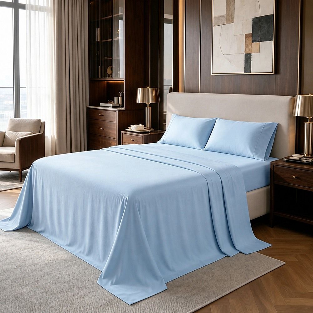Microfiber Sheet Set 4 Piece Light Blue White Deep Pocket Bed Sheets Soft Breathable Easy Care Bedding