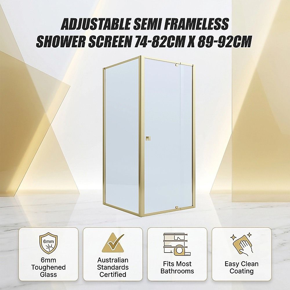Adjustable Semi Frameless Shower Screen 74-82cm x 89-92cm With Gold Hardware For Modern Bathrooms