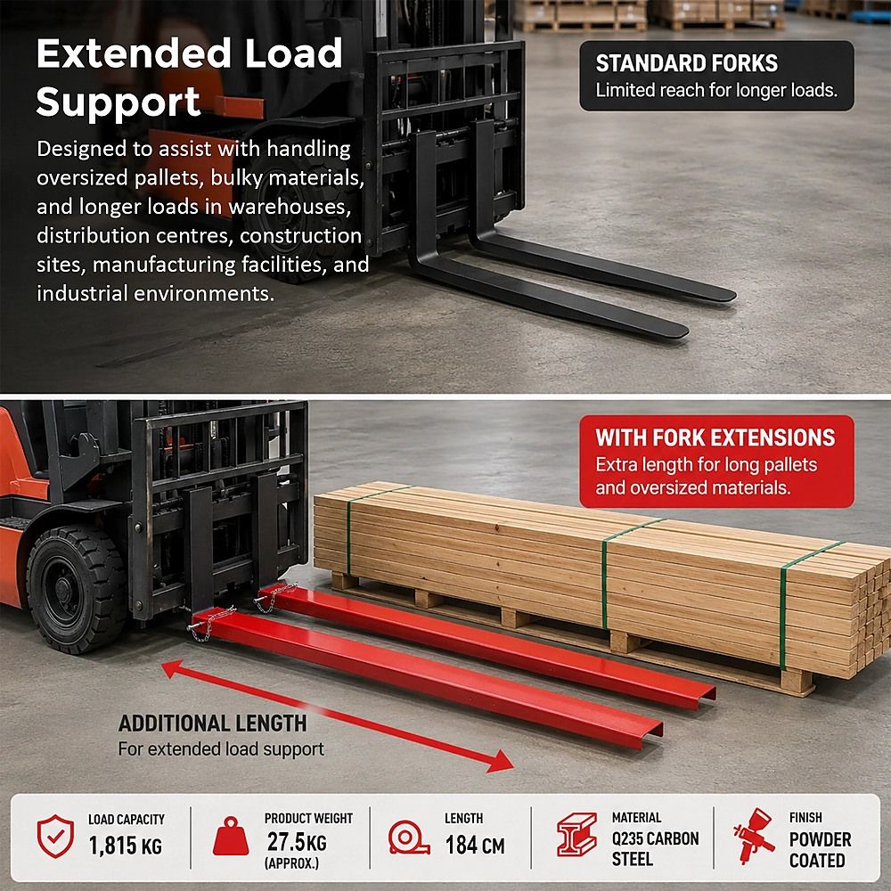 Heavy Duty Pallet Fork Extensions 184cm Carbon Steel Forklift Attachments with Safety Pins for Extended Load Handling