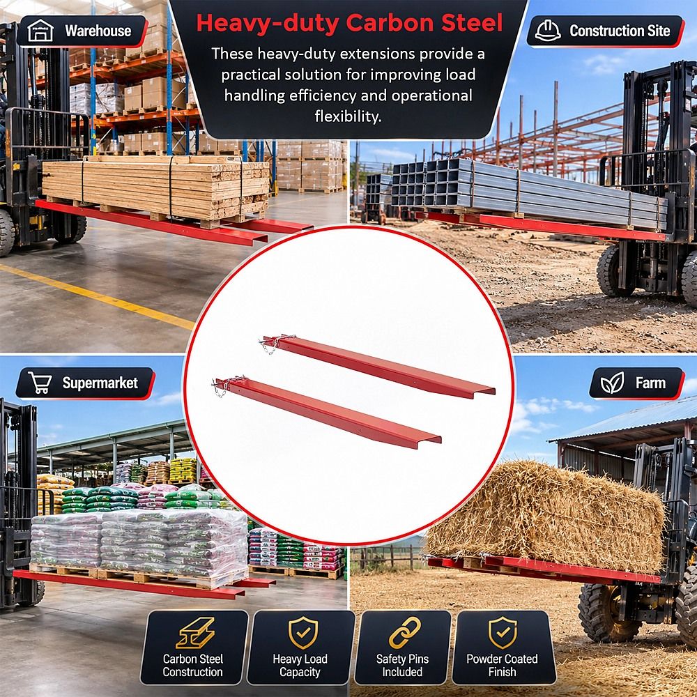 Heavy Duty Pallet Fork Extensions 184cm Carbon Steel Forklift Attachments with Safety Pins for Extended Load Handling
