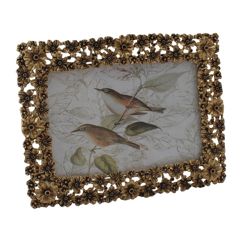 Antique Gold Metal Photoframe w Flowers 18cm