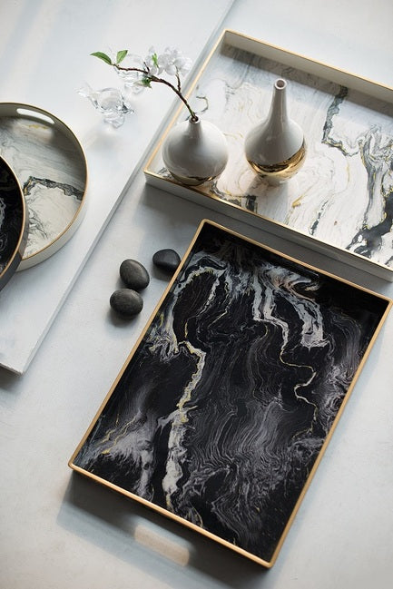 Set 2 Marble Patterned Rectangular Trays 48cm