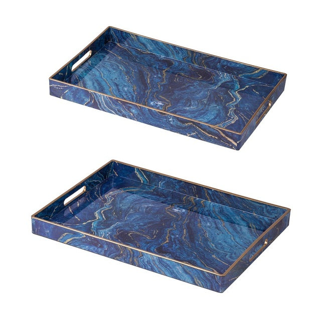 Set 2 Marble Patterned Blue Rectangular Trays 48cm