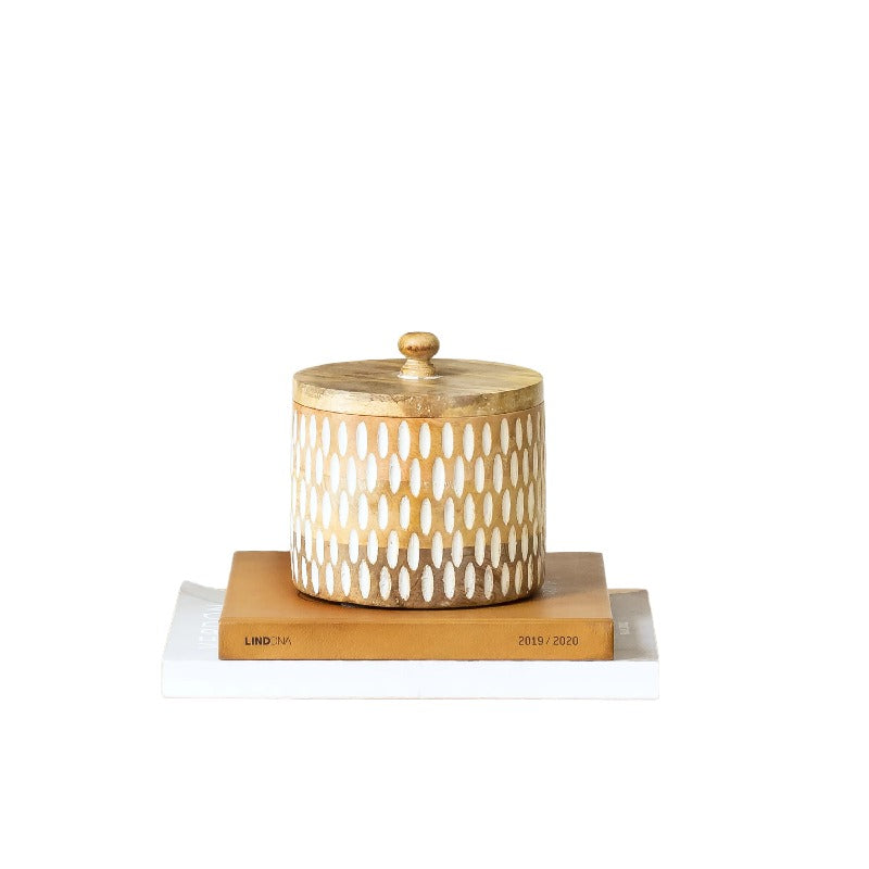 Handcrafted Round Box w Carving 15cm