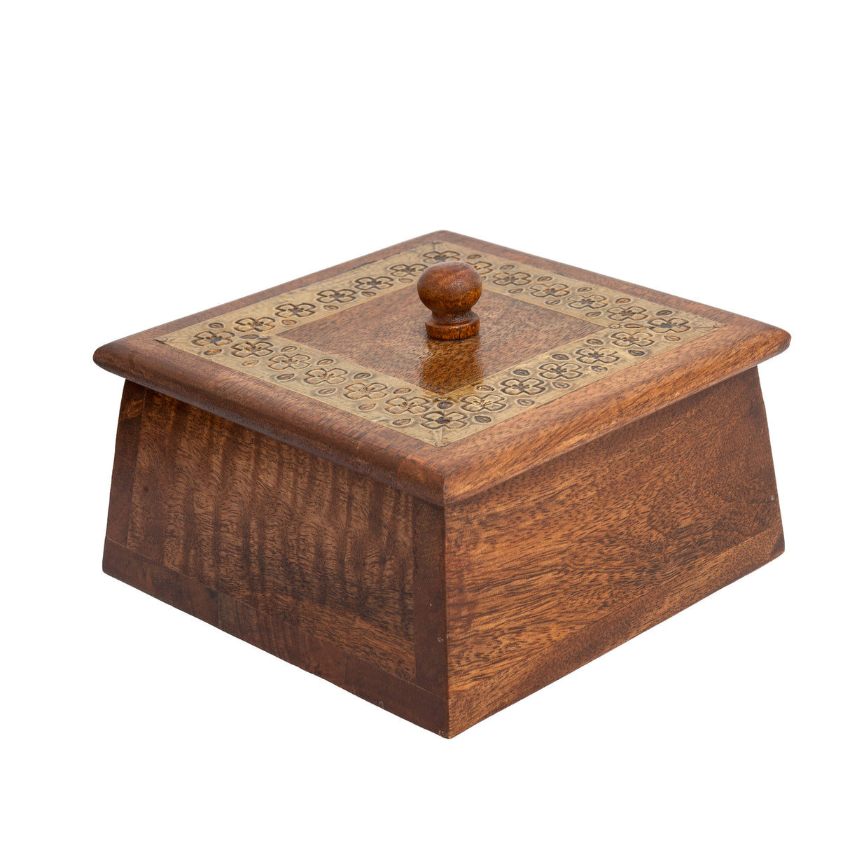 Tapered Mango Wood Box W Metal Pressed Inlay 10cm