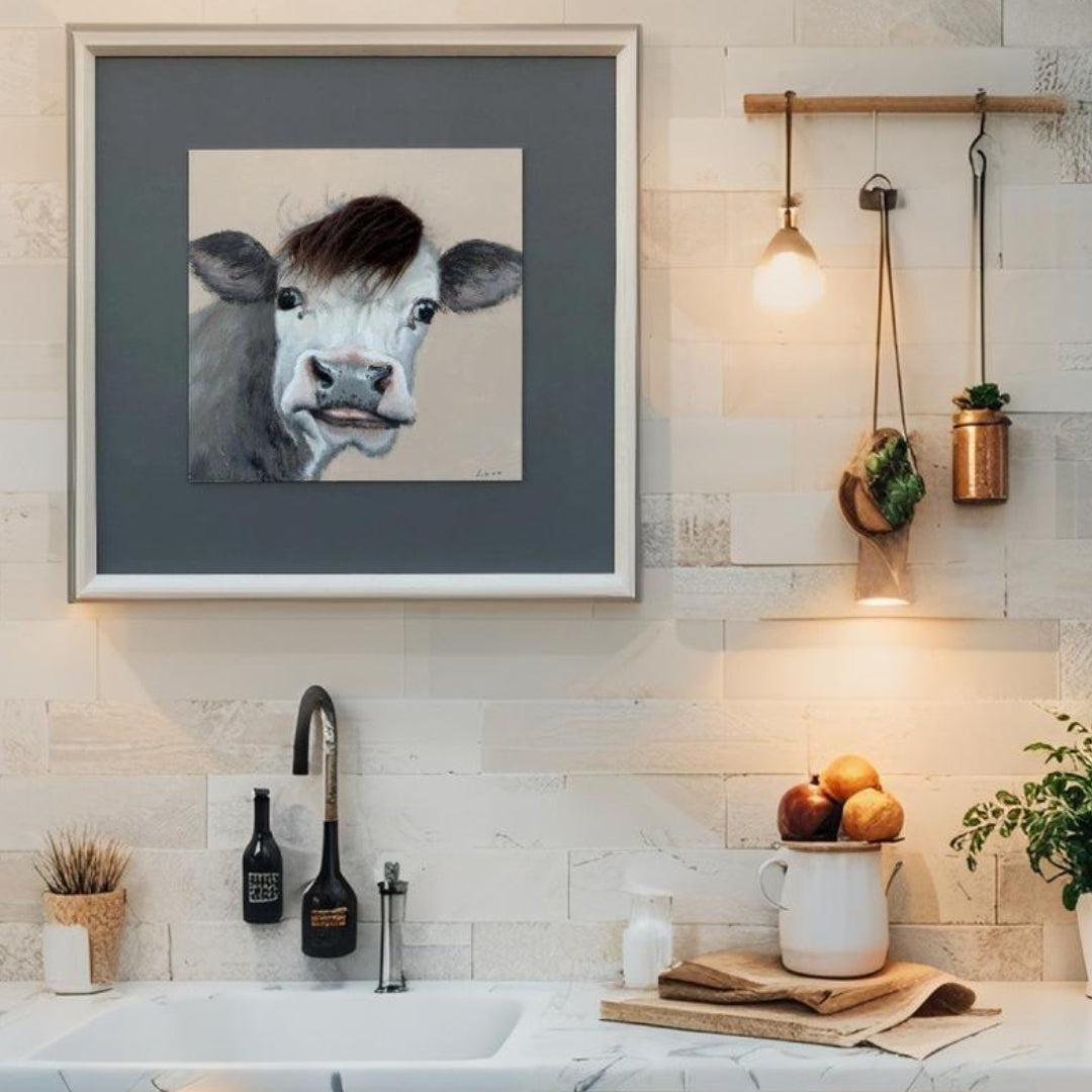 Curious Cow w Artificial Hair Framed Canvas Wall Art 60cm