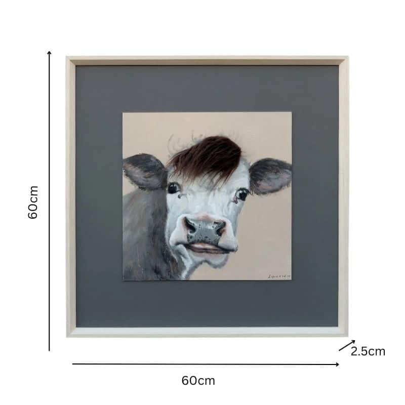 Curious Cow w Artificial Hair Framed Canvas Wall Art 60cm