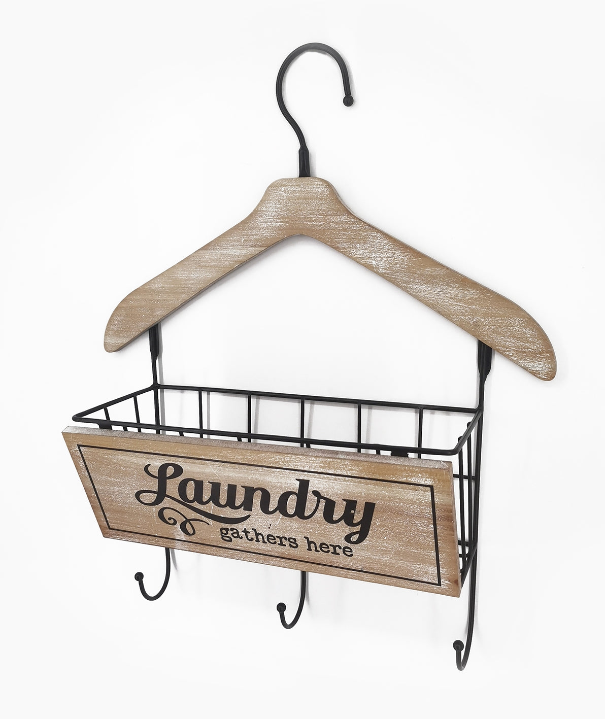 Wooden Laundry Hanger W Basket & 3 Hooks 40x48cm